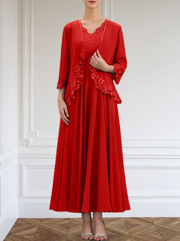 Vestido de corte A, escote en V, largo hasta el tobillo, de gasa, para la madre de la novia, con apliques de lentejuelas, encaje y pedrería.