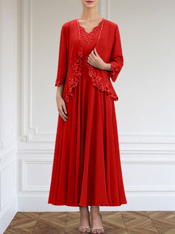 A-line V-Neck Ankle-Length Chiffon Mother of the Bride Dress With Sequins Appliques Lace Beading