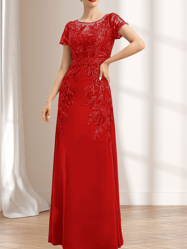 Robe de mère de la mariée en mousseline de dentelle, coupe fourreau/colonne, décolleté illusion, longueur au sol, ornée de sequins