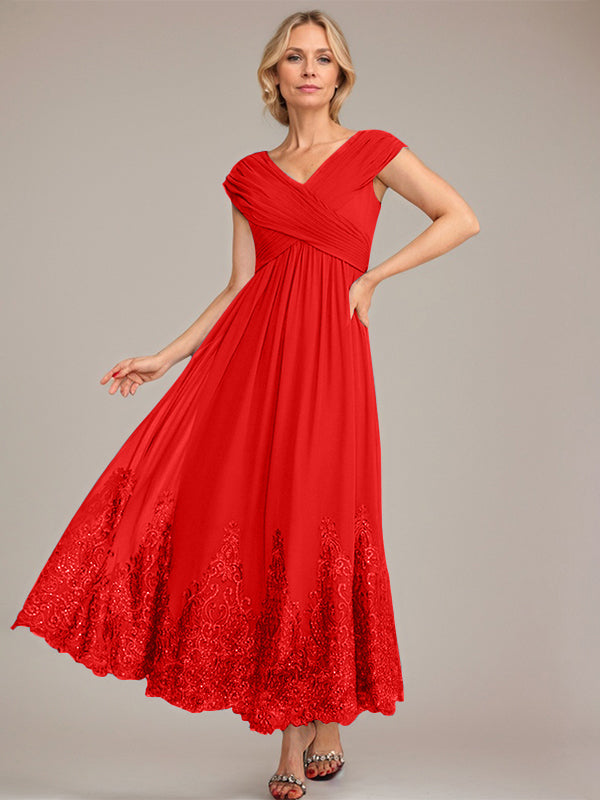 Vestido de gasa de corte evasé, escote en V, largo hasta el tobillo, para la madre de la novia, con apliques de lentejuelas. 