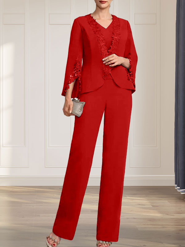 Combinaison/Tailleur-pantalon deux pièces, robe longue en mousseline à col V pour la mère de la mariée