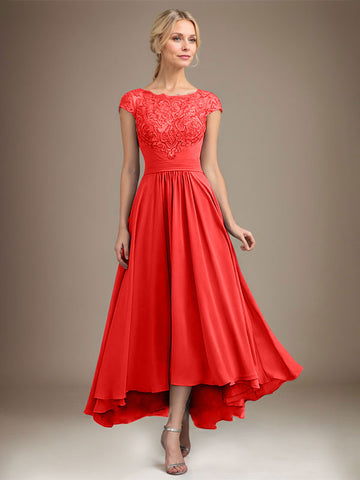 A-line Scoop Illusion Asymmetrical Lace Chiffon Mother of the Bride Dress With Pleated