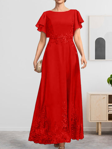 A-line Scoop Ankle-Length Lace Chiffon Mother of the Bride Dress With Sequins