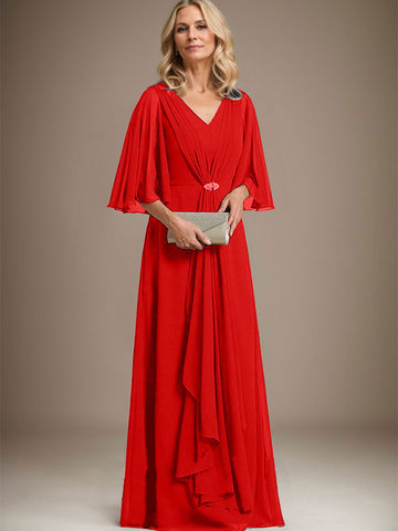 A-line V-Neck Floor-Length Chiffon Mother of the Bride Dress With Cascading Ruffles Crystal Brooch
