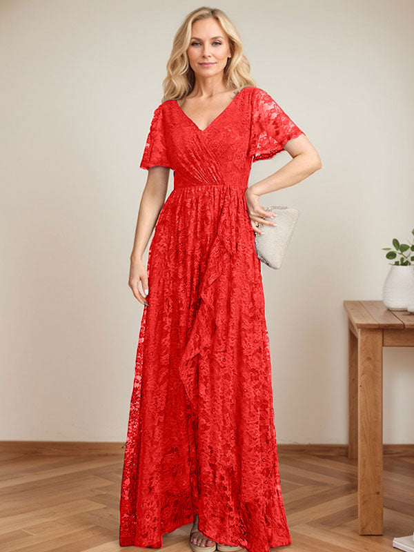 Vestido de novia de encaje asimétrico con escote en V y corte en A para la madre de la novia, con volantes en cascada. 