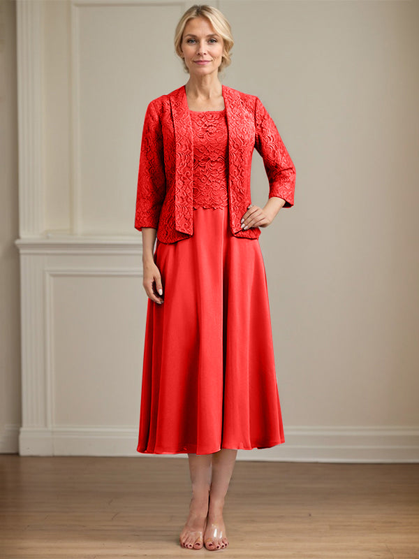 Vestido de corte A con escote redondo y largo hasta la rodilla en gasa de encaje para la madre de la novia 