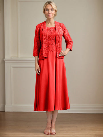 A-line Scoop Tea-Length Lace Chiffon Mother of the Bride Dress