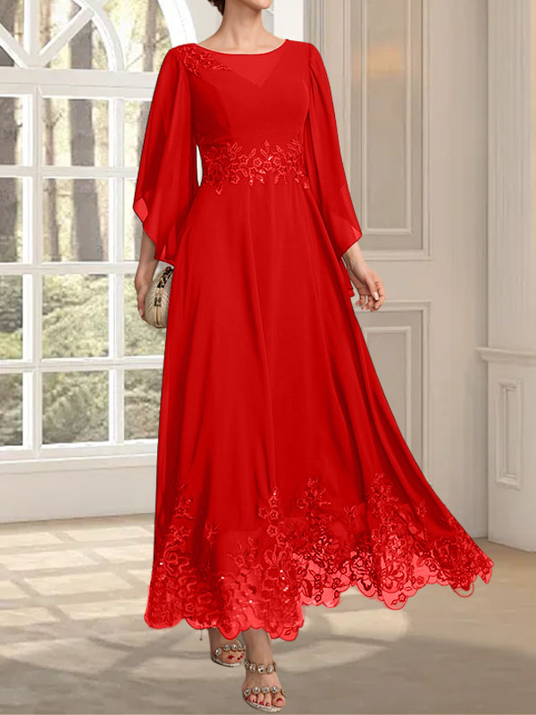 Robe de mère de la mariée en mousseline de dentelle, coupe trapèze, décolleté illusion, longueur cheville, ornée de sequins 