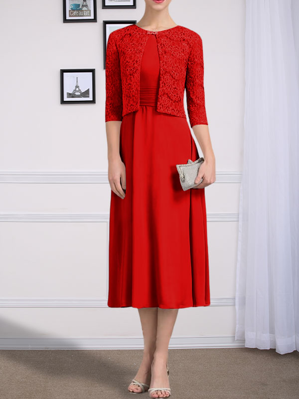 Vestido de chifón de corte línea A, largo té, para la madre de la novia, con escote redondo y pliegues.
