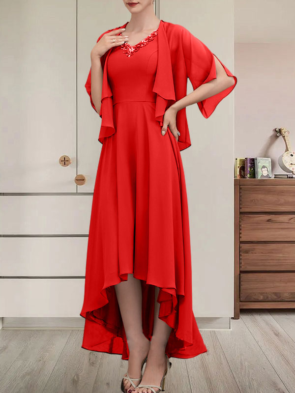 Vestido de corte A, escote en V, asimétrico, de gasa, para la madre de la novia, con lentejuelas y pedrería.