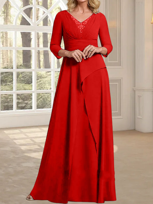 Vestido de gasa de corte A, escote en V, largo hasta el suelo, para la madre de la novia, con plisados ​​y cuentas.