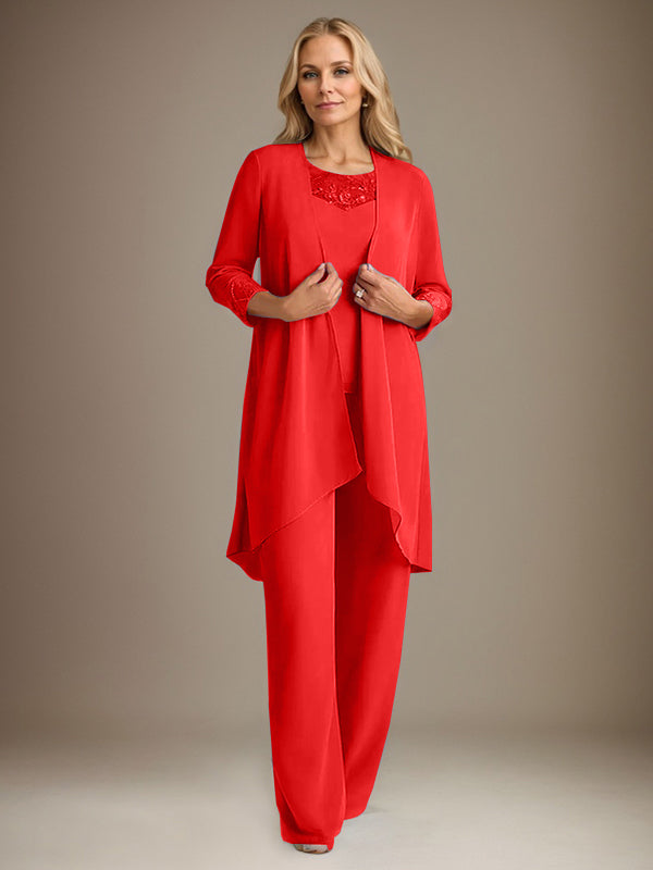 Traje pantalón de gasa con escote redondo y mangas largas para la madre de la novia, con chaqueta. 