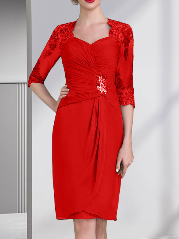 Vestido de corte recto/columna, escote corazón, largo hasta la rodilla, de gasa, con apliques de cuentas, encaje, lentejuelas y pliegues para la madre de la novia.