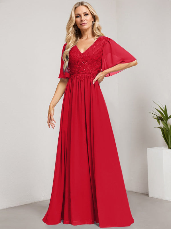 Vestido de novia de corte A, escote en V, largo hasta el suelo, de gasa de encaje con lentejuelas para la madre de la novia 
