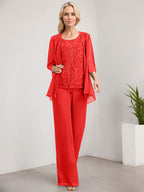 Vestido de novia de gasa con encaje y lentejuelas, estilo mono/pantalón, largo hasta el suelo, con escote redondo.