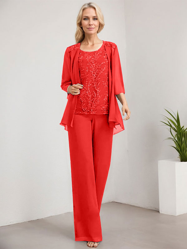 Vestido de novia de gasa con encaje y lentejuelas, estilo mono/pantalón, largo hasta el suelo, con escote redondo.