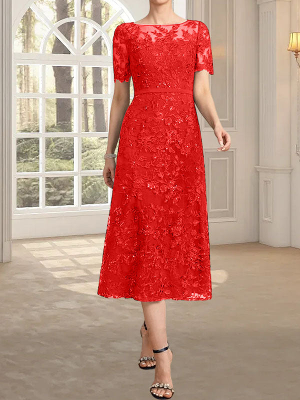 Robe de mère de la mariée en dentelle à sequins, coupe trapèze, décolleté illusion, longueur thé