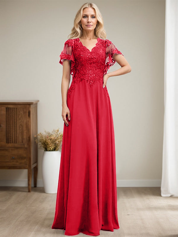 Vestido de novia de corte A, escote en V, largo hasta el suelo, de gasa de encaje con lentejuelas para la madre de la novia 