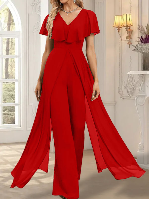 Combinaison-pantalon robe de soirée longue en mousseline à col en V