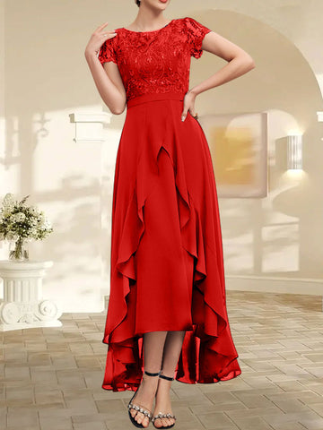 A-line Scoop Illusion Asymmetrical Chiffon Lace Mother of the Bride Dress With Bow Ruffle Sequins