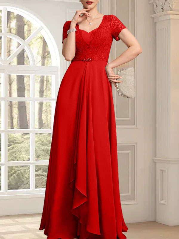 Vestido de corte A, escote corazón, largo hasta el suelo, de gasa, encaje, con cuentas y volantes en cascada para la madre de la novia.
