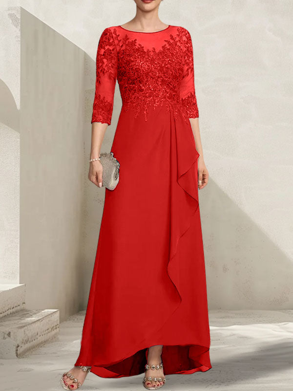 Vestido de madrina de la novia, corte asimétrico, escote ilusión, encaje y gasa, con lentejuelas y volantes en cascada.