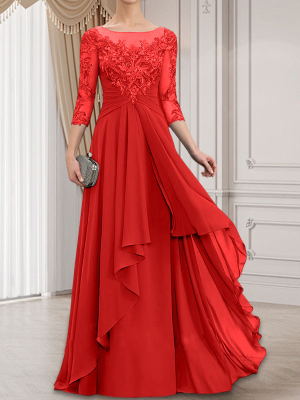 Robe de mariée en mousseline de dentelle, coupe trapèze, décolleté illusion, longueur au sol, avec volants cascade, idéale pour la mère de la mariée.