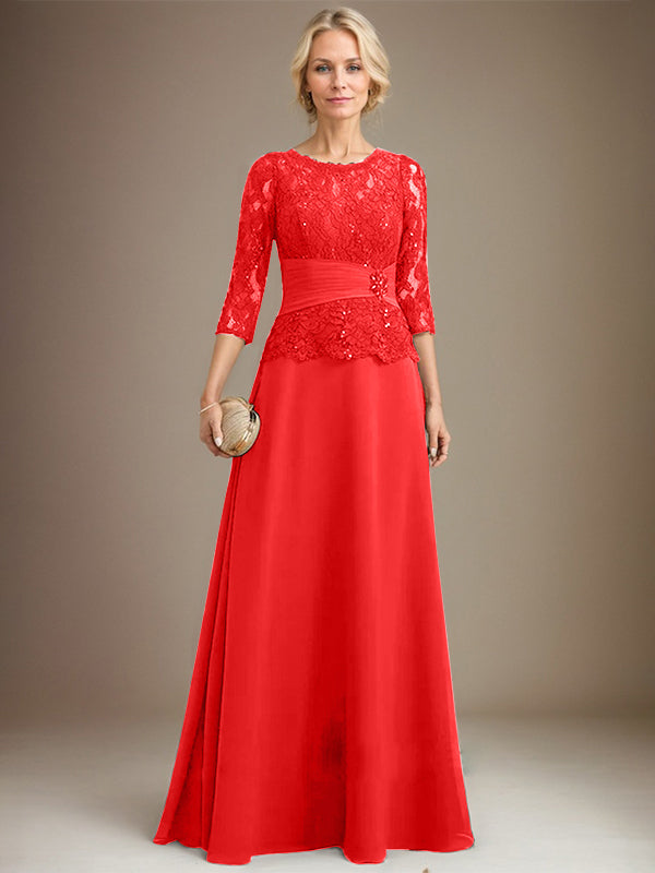 Vestido de corte A, escote ilusión, largo hasta el suelo, de gasa y encaje, para la madre de la novia, con lentejuelas plisadas y pedrería. 