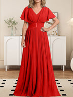 Vestido de gasa de corte A, escote en V, largo hasta el suelo, para la madre de la novia, con broche de cristal y pliegues. 