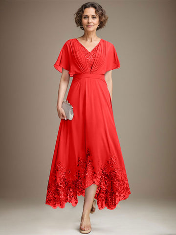 A-line V-Neck Asymmetrical Lace Chiffon Mother of the Bride Dress With Pleated
