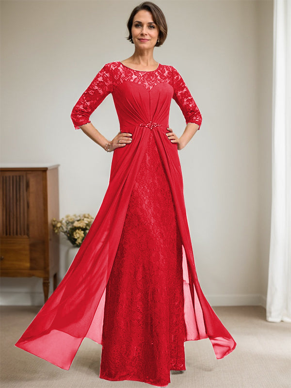 Vestido de novia de corte línea A, escote redondo ilusión, largo hasta el suelo, de gasa de encaje con volantes y pedrería. 