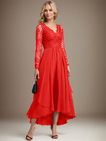 A-line V-Neck Asymmetrical Lace Chiffon Mother of the Bride Dress