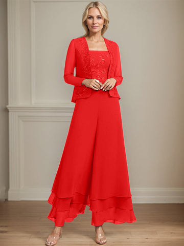 Separates Jumpsuit/Pantsuit Square Ankle-Length Lace Chiffon Mother of the Bride Dress With Sequins