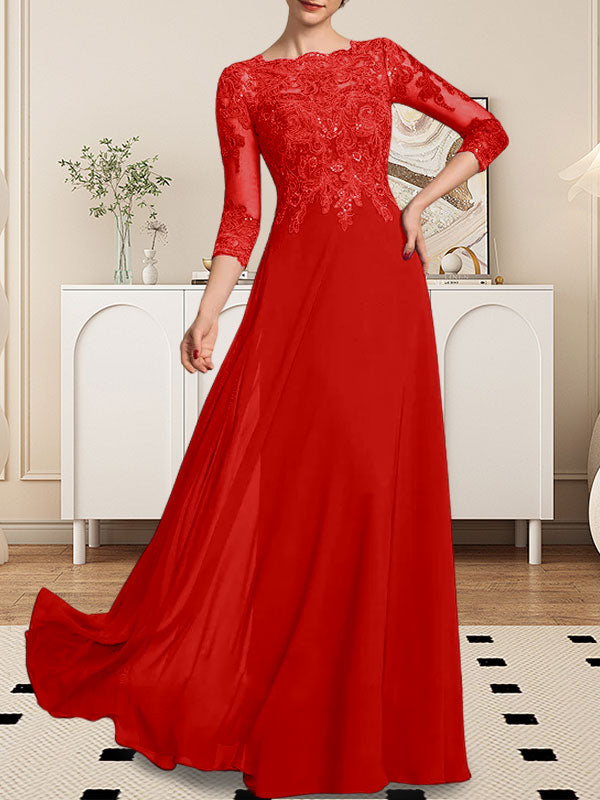 Vestido de novia de corte línea A, escote redondo, largo hasta el suelo, de encaje y gasa con lentejuelas.