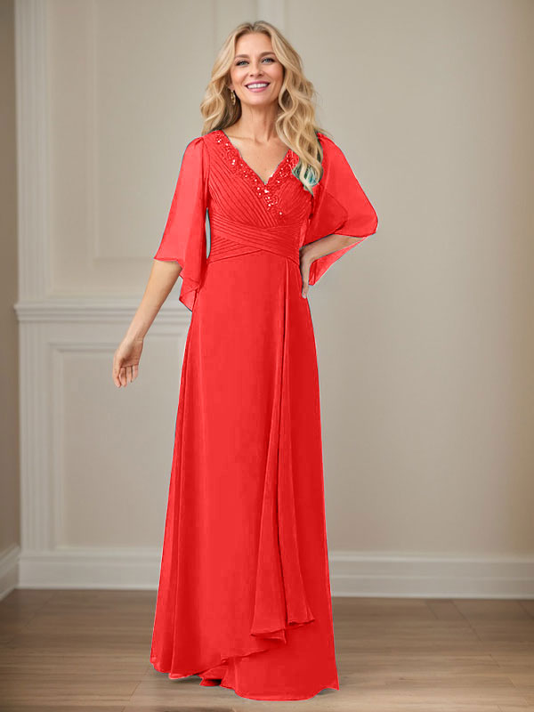 Vestido de mamá largo de gasa con lentejuelas, escote en V y corte en A