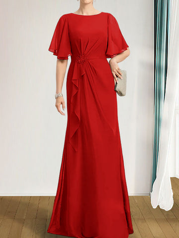 A-line Scoop Floor-Length Chiffon Mother of the Bride Dress With Cascading Ruffles Beading Sequins