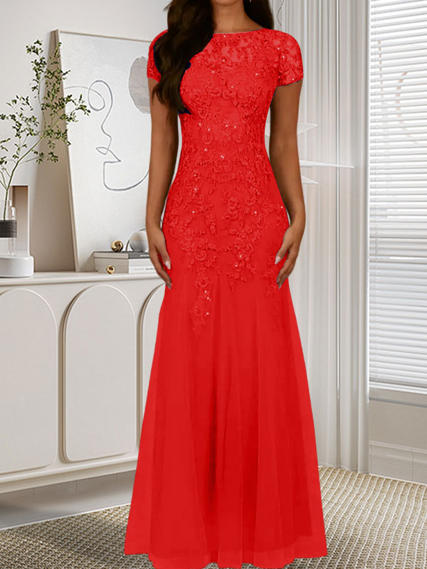Robe sirène bleu marine foncé à sequins et tulle, décolleté rond, robe en tulle bleu marine foncé