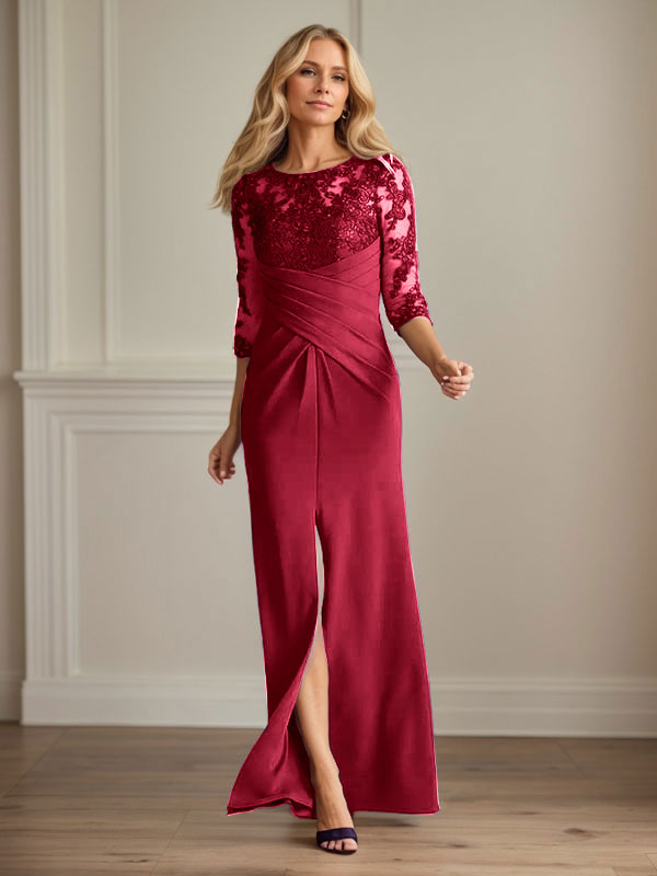 Vestido de madrina de la novia color ciruela, de encaje elástico y corte sirena. 