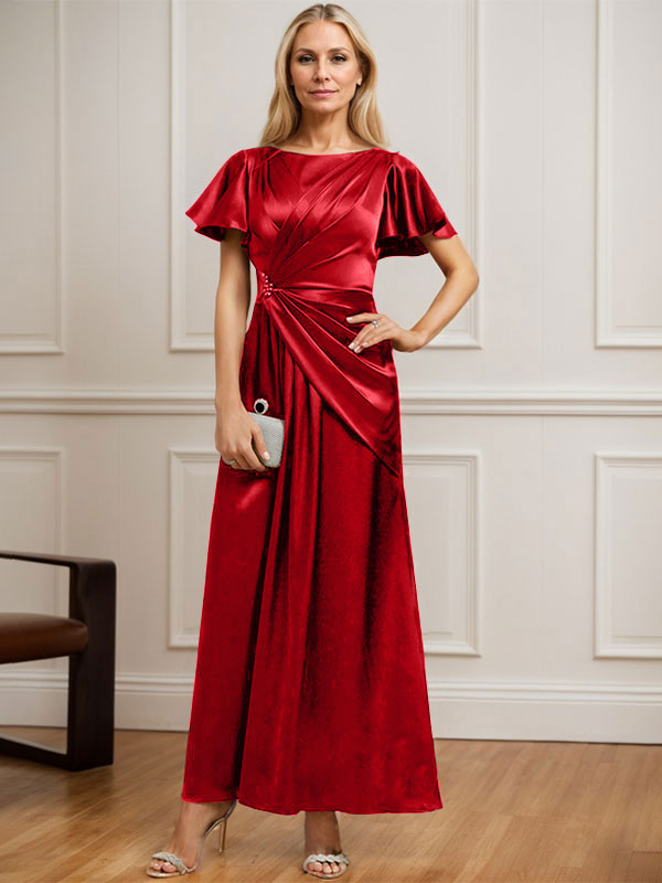 Robe de mère de la mariée en satin stretch, coupe trapèze, longueur cheville, décolleté rond et ornée de perles plissées 
