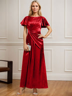 Robe de mère de la mariée en satin stretch, coupe trapèze, longueur cheville, décolleté rond et ornée de perles plissées 