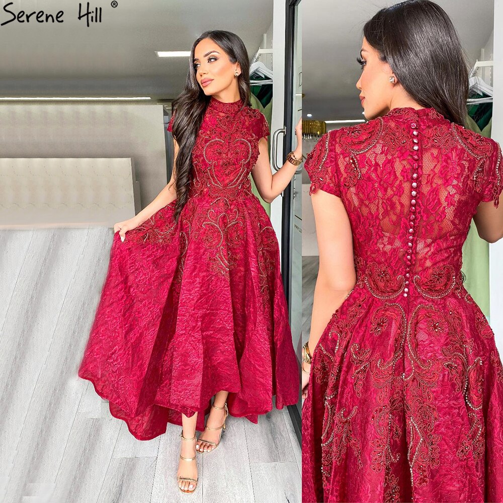 Red Asymmetrical Luxury Lace Evening Dresses 2025 Sleeveless Sexy Beading Cryastal Formal Dress LA70227