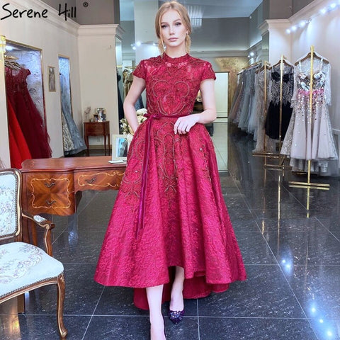 Red Asymmetrical Luxury Lace Evening Dresses 2025 Sleeveless Sexy Beading Cryastal Formal Dress LA70227