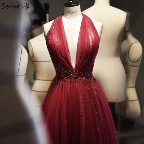 On Sale no return no refundSale Red Halter Sexy Sleeveless Evening Dresses 2025 Crystal A-Line Tulle Formal Dress Design LA70348