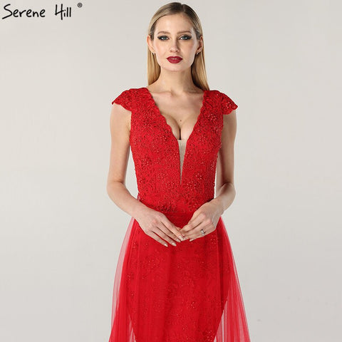 On Sale no return no refundSale Red Lace Pearls V-Neck Evening Dresses Design 2025 Cap Sleeve Sexy Mermaid Formal Dress LA6604