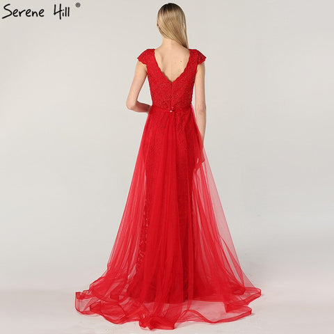 On Sale no return no refundSale Red Lace Pearls V-Neck Evening Dresses Design 2025 Cap Sleeve Sexy Mermaid Formal Dress LA6604
