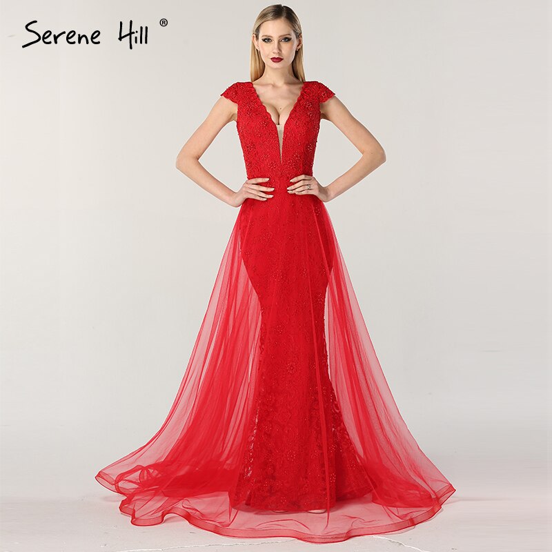 On Sale no return no refundSale Red Lace Pearls V-Neck Evening Dresses Design 2025 Cap Sleeve Sexy Mermaid Formal Dress LA6604