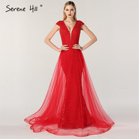 On Sale no return no refundSale Red Lace Pearls V-Neck Evening Dresses Design 2025 Cap Sleeve Sexy Mermaid Formal Dress LA6604
