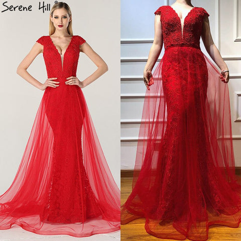 On Sale no return no refundSale Red Lace Pearls V-Neck Evening Dresses Design 2025 Cap Sleeve Sexy Mermaid Formal Dress LA6604