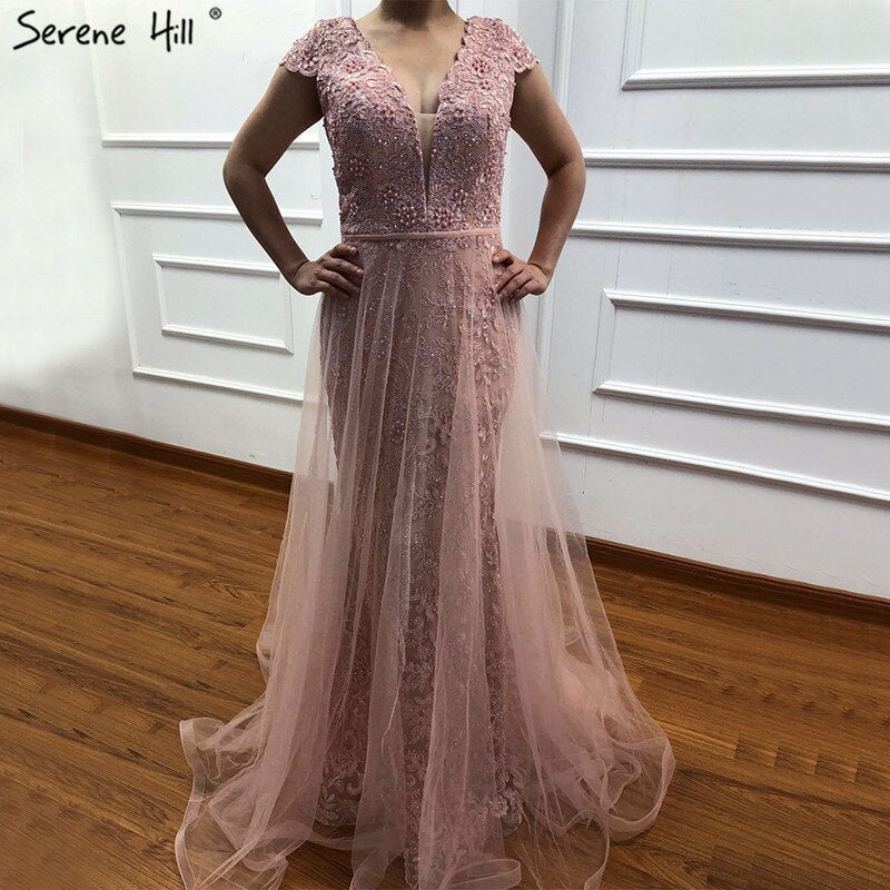 On Sale no return no refundSale Red Lace Pearls V-Neck Evening Dresses Design 2025 Cap Sleeve Sexy Mermaid Formal Dress LA6604