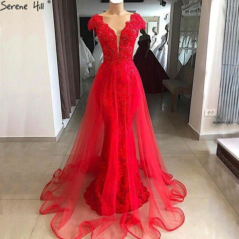 On Sale no return no refundSale Red Lace Pearls V-Neck Evening Dresses Design 2025 Cap Sleeve Sexy Mermaid Formal Dress LA6604